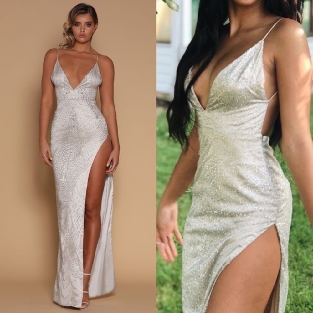Meshki Ella Champagne Bejeweled Formal Maxi Dress